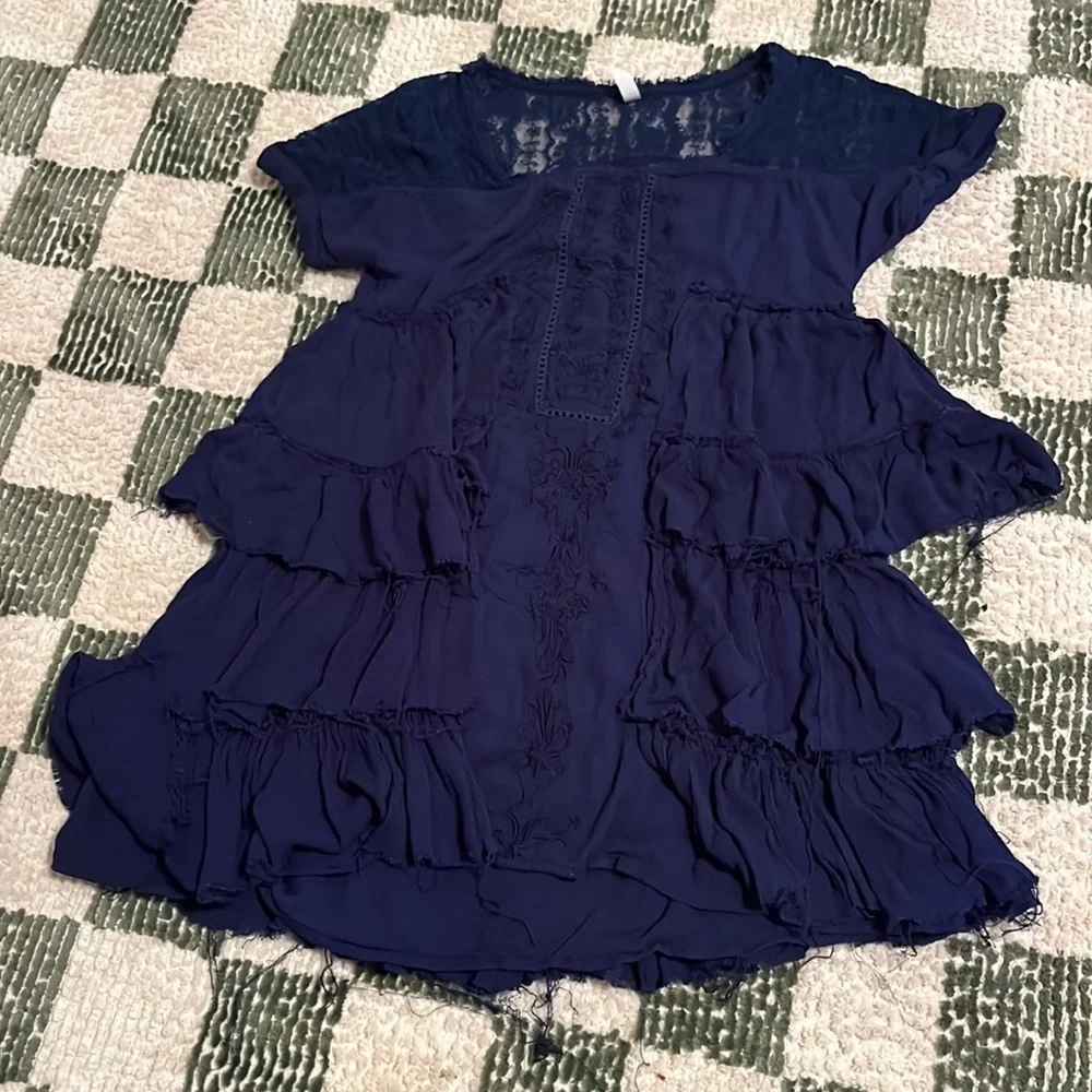 Free People MINI DRESS TOP TUNIC SHIRT Sunbeams Navy Blue